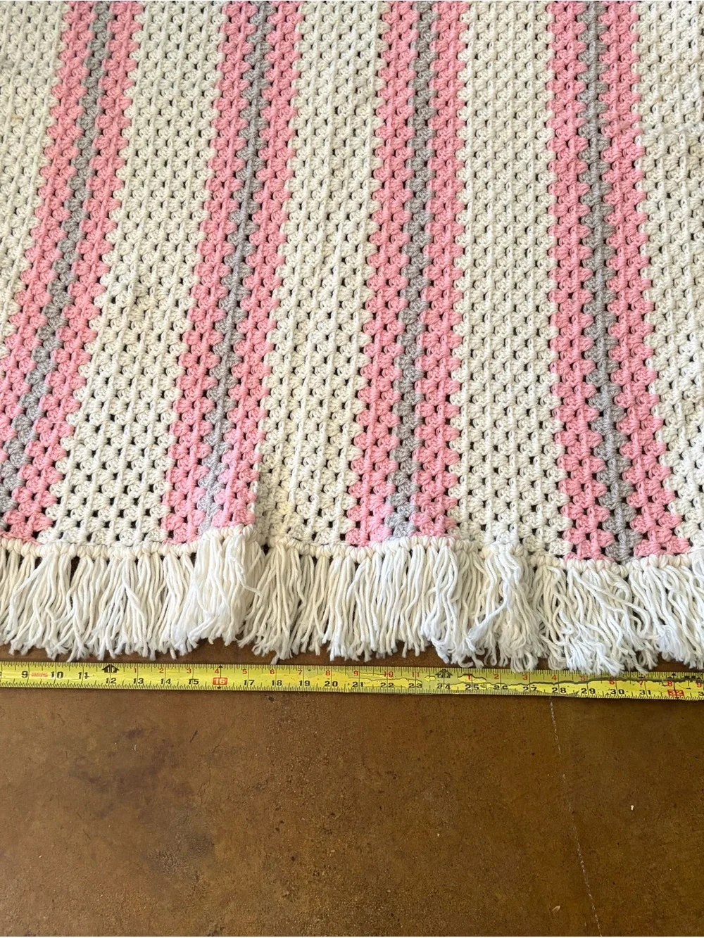 Handmade Cream and Pink Crochet Fringe Throw Blanket by